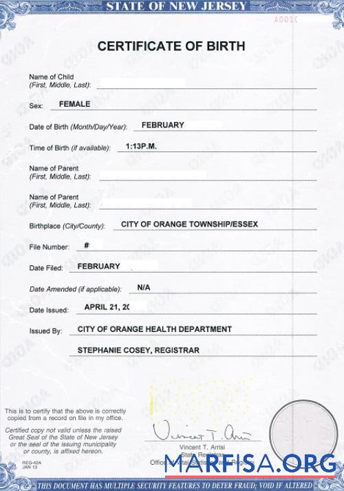 Downloadable United States Department of health of New Jersey birth certificate template